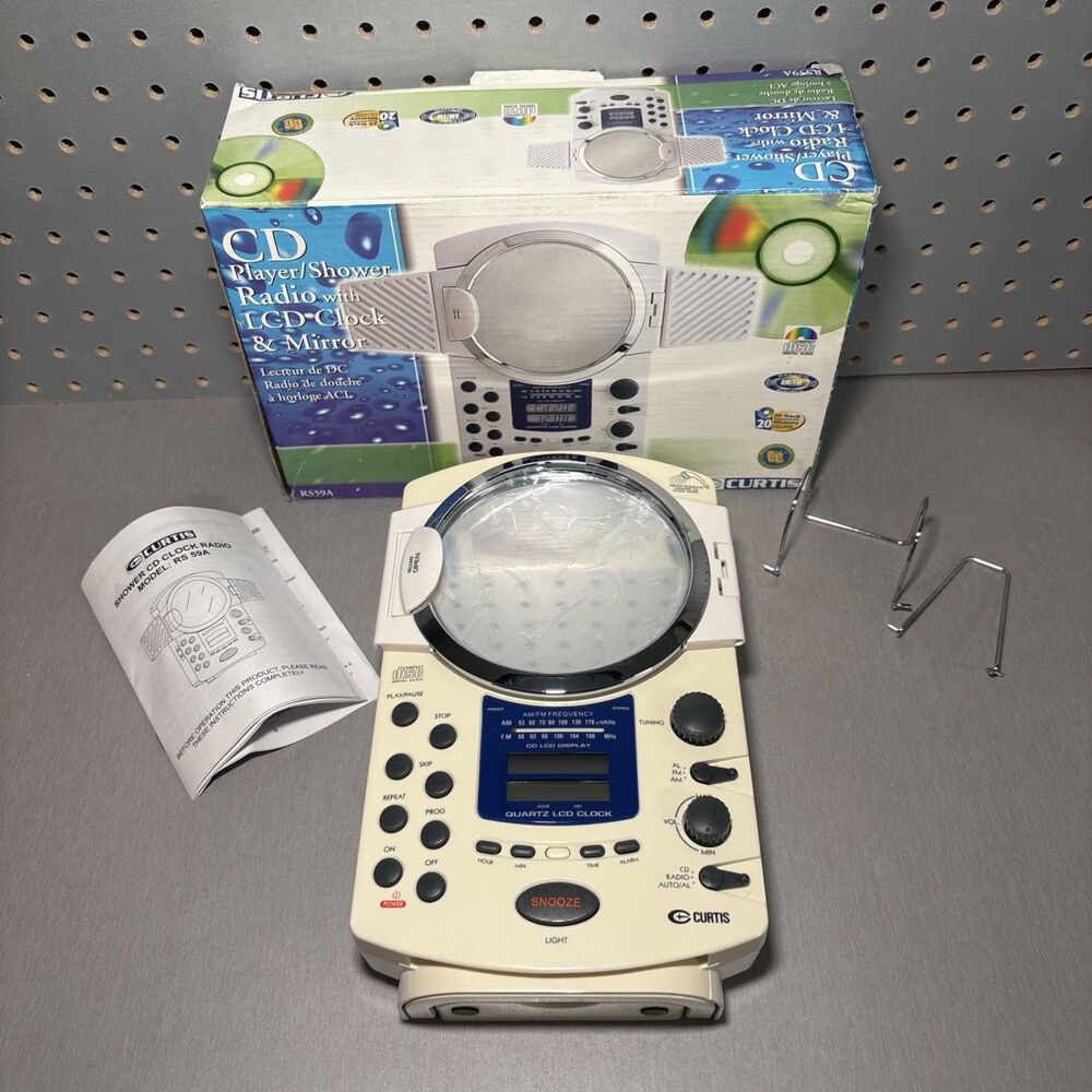 Curtis RS-59A Shower Radio CD Player LCD Clock Mirror Water Resistant White